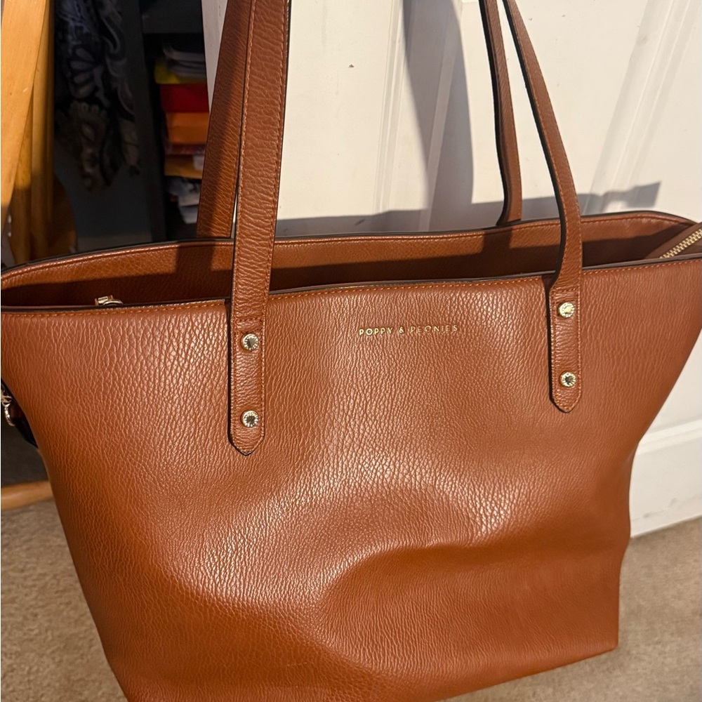 Poppy & Peonies Tan Leather Tote
